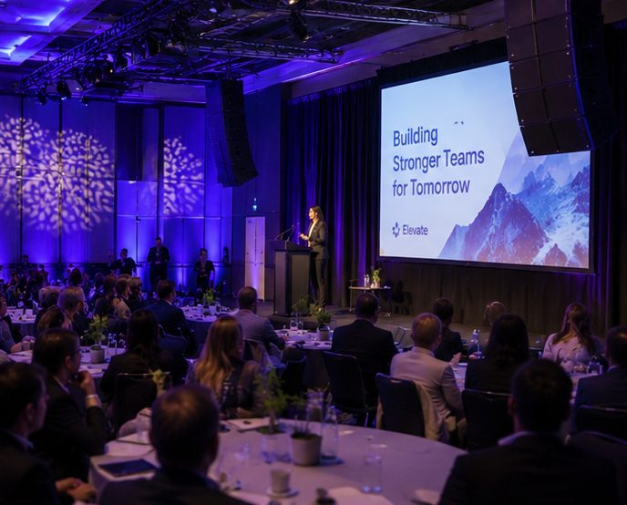 Conference AV hire Perth, large screen projection and wireless microphones for corporate event
