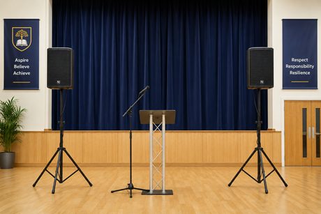 School assembly PA hire Perth &mdash; speakers and microphone setup in a PAC or gym