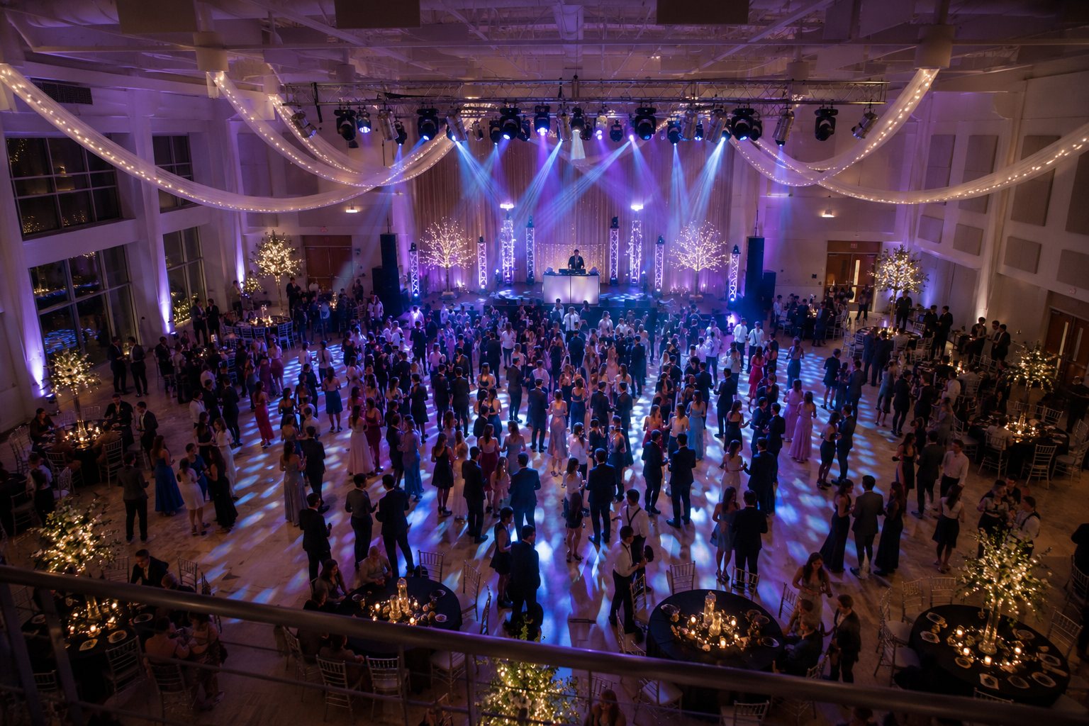 Perth ballroom under magenta and purple event uplighting